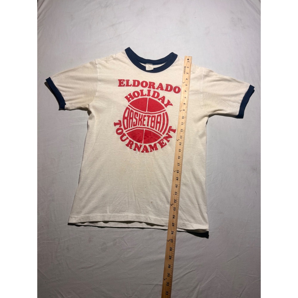 Vintage Eldorado Holiday Basketball Tournament Ringer Tee Cream Navy Mens Small